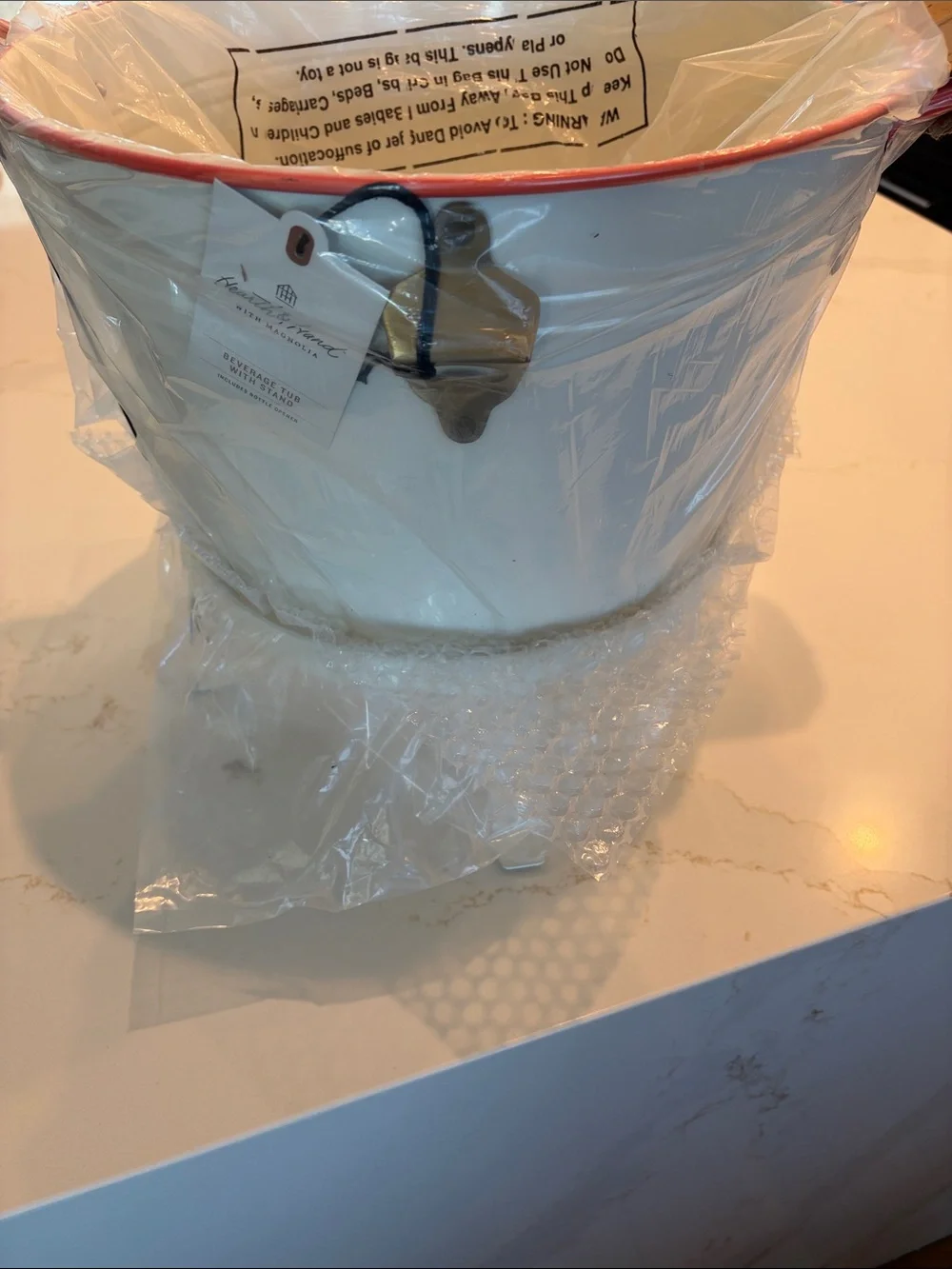 NWT Hearth & Hand off white Beverage Tub with orange Handles and Bottle Opener